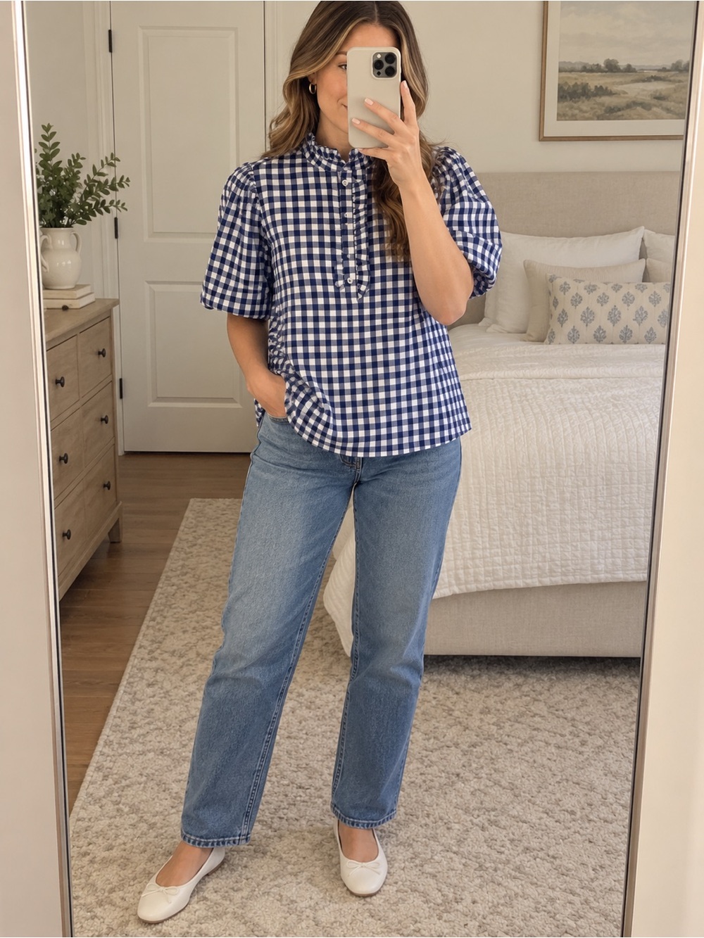 NWT Glam blue and white gingham ruffle button down puff sleeve top medium